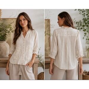 Kyla Seo Linen Cotton Embroidered Boho Blouse Small Prairie Cottagecore Top Cute